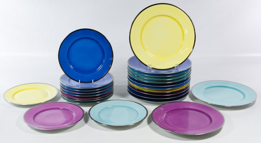 Jean Louis Coquet Limoges 'Brunch' Plate Assortment: Jean Louis Coquet Limoges 'Brunch' Plate Assortment Including (13) dinner plates and (11) dessert plates of various color tones; and four original boxes Diameter: 10.00 inches (dinner plate) Category:
