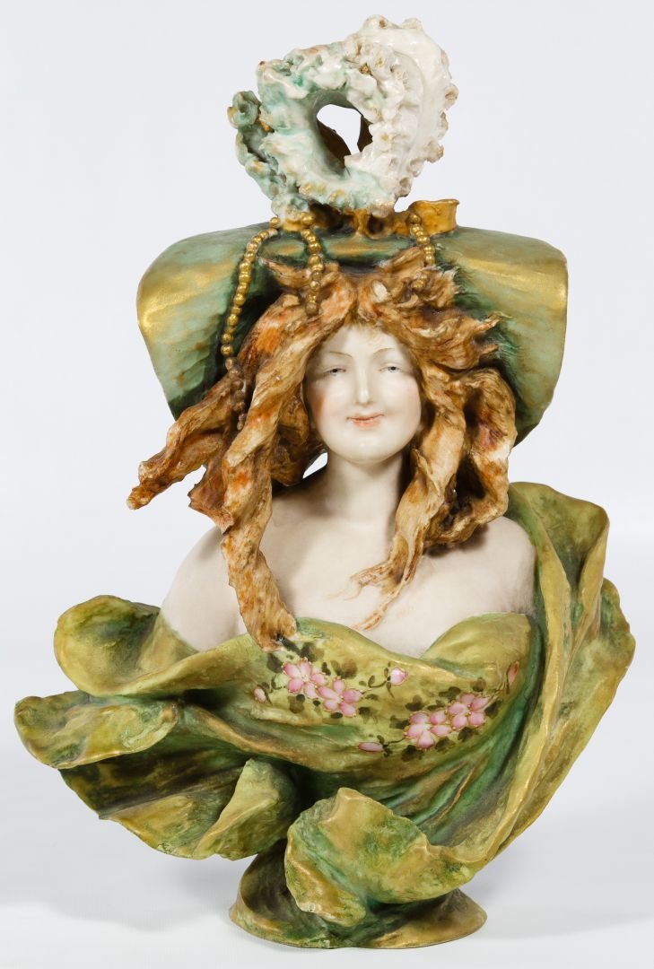 Turn Teplitz Amphora Art Nouveau Bust: Turn Teplitz Amphora Art Nouveau Bust c.1900, marked 'Turn-Teplitz Bohemia', 'Made in Austria' with red 'R. St. K' mark for Stellmacher Height: 9.50 inches, Width: 6.00 inches Category: Porcelain & Ce