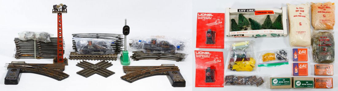 Lionel O-Gauge Toy Train Track Assortment: Lionel O-Gauge Toy Train Track Assortment Including two #022 track switches, two signal lights and loose track; together with model accessory assortment including artificial evergreen trees, dry glue,