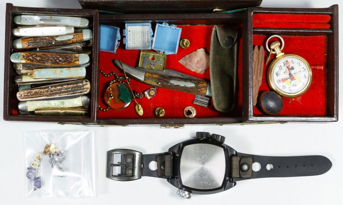 10k Gold, Sterling Silver and Pocket Knife Assortment: 10k Gold, Sterling Silver and Pocket Knife Assortment Including five 10k and 10k gold filled pins, three sterling silver Junior Achievement pins, two silver filled teeth, twenty-one pocket knives with