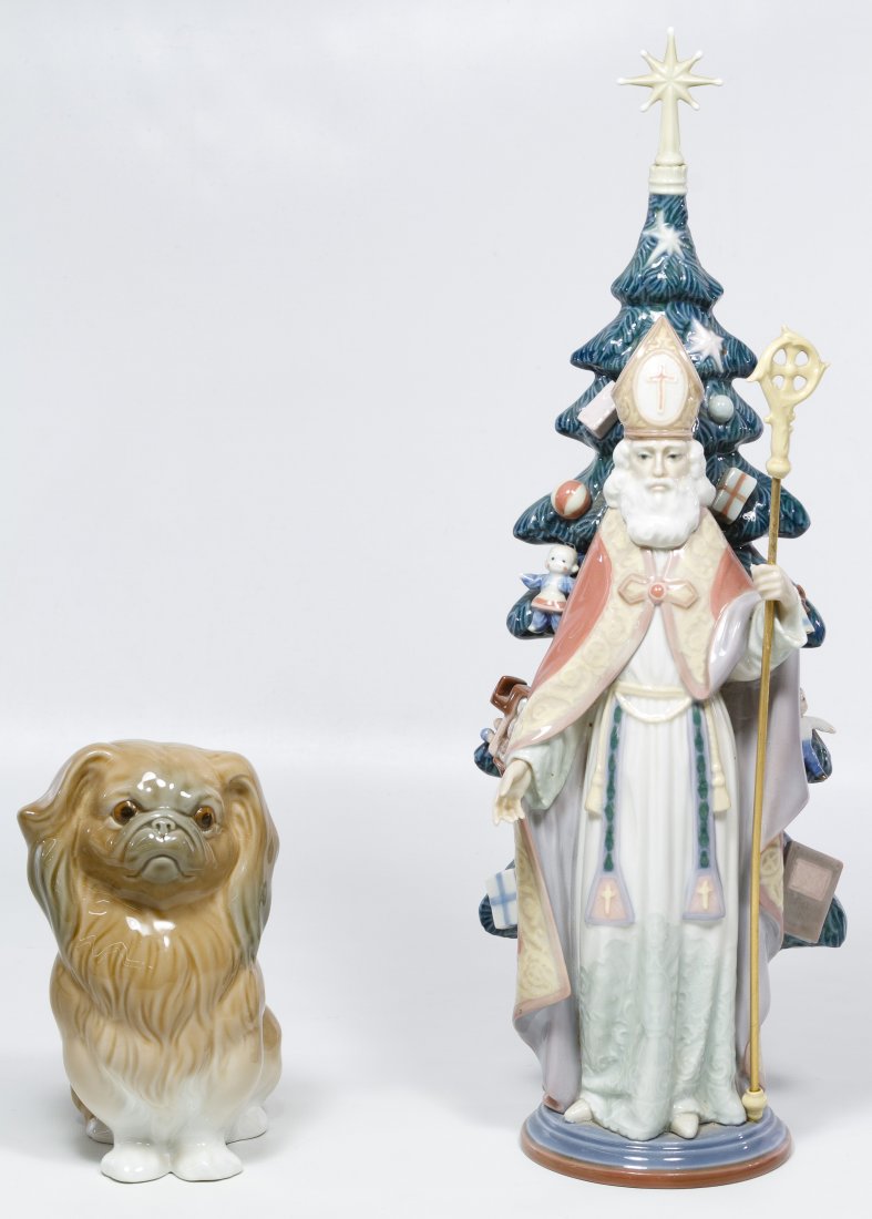 Lladro #5427 'Saint Nicholas' Figurine: Lladro #5427 'Saint Nicholas' Figurine Having a glazed finish, retired in 1991; together with #4641 'Pekinese Sitting' having a glazed finish, retired in 1985 Height: 16.00 inches (tallest) Category: 