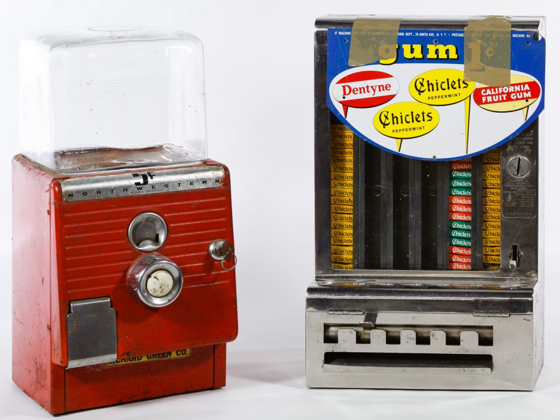Mills Chrome 1c Chicklet Gum Coin-Op Machine: Mills Chrome 1c Chicklet Gum Coin-Op Machine c.1936, having serial #36792, six gum slots; together with a Northwestern 5c metal and glass gumball machine Height: 15.50 inches (mills machine) Category: