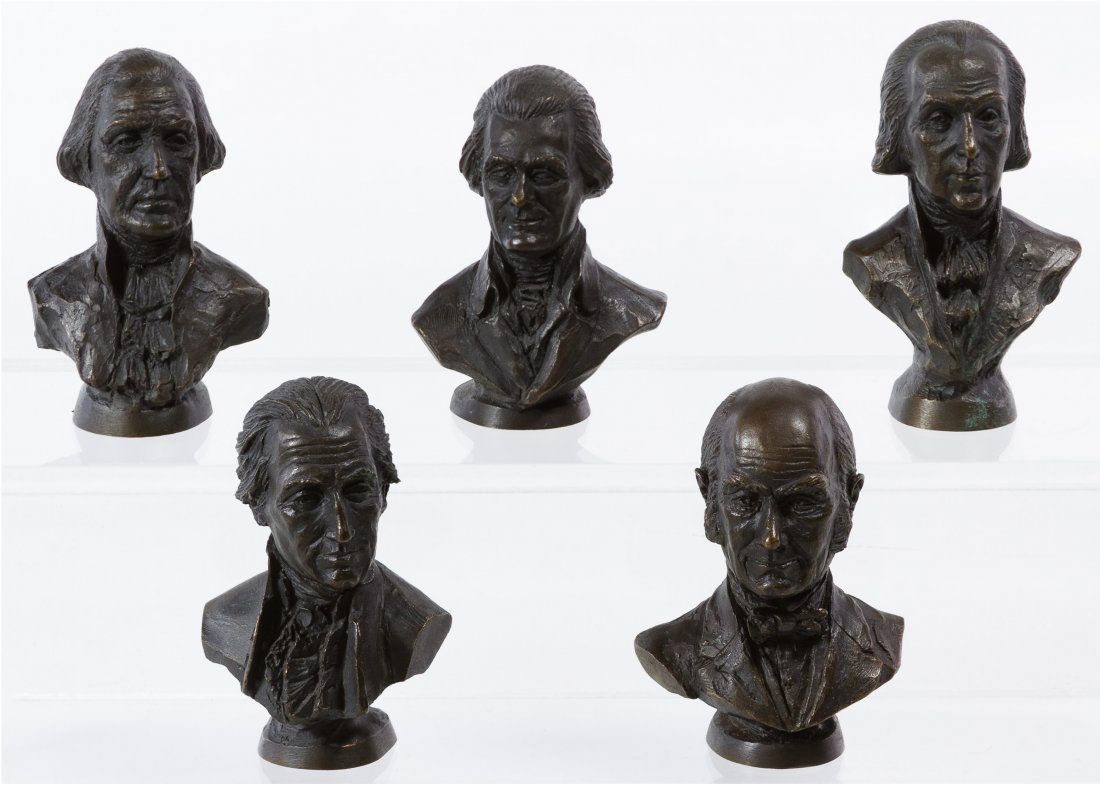 Franklin Mint Bronze Presidential Bust Assortment: Franklin Mint Bronze Presidential Bust Assortment 1997, five busts including Thomas Jefferson, George Washington, James Madison, James Monroe and John Q. Adams Height: 3.25 inches (tallest) Category: