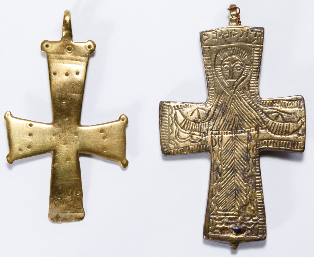 Byzantine Bronze Crosses: Byzantine Bronze Crosses Two items including a cross with an incised image of Jesus and an abstract cross with circle designs Height: 3.00 inches (largest) Category: Collectibles > Religious Shipping 