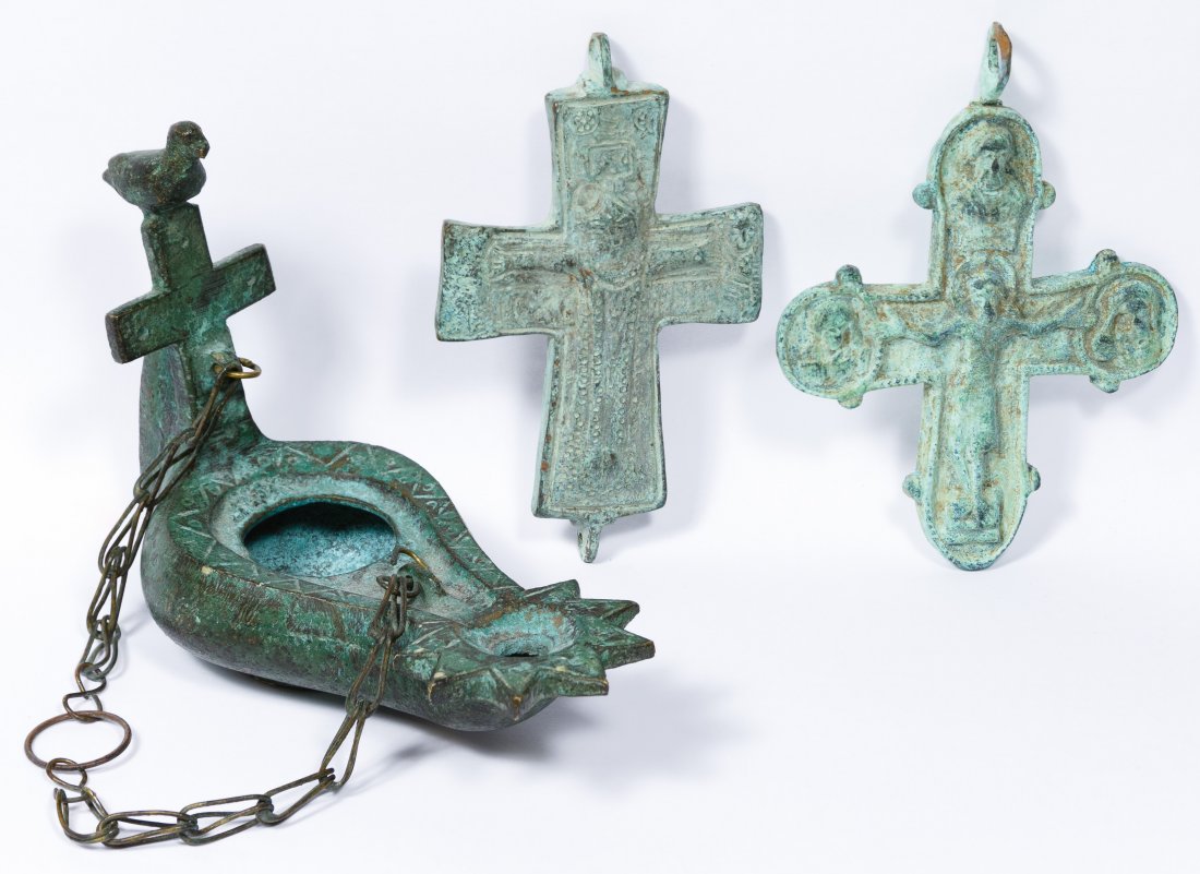 Byzantine Bronze Crosses and Oil Lamp: Byzantine Bronze Crosses and Oil Lamp Three items including a pendant cross, part of a reliquary cross and an oil lamp with a cross and bird image Height: 3.00 inches, Length: 4.25 inches (lamp) Categ