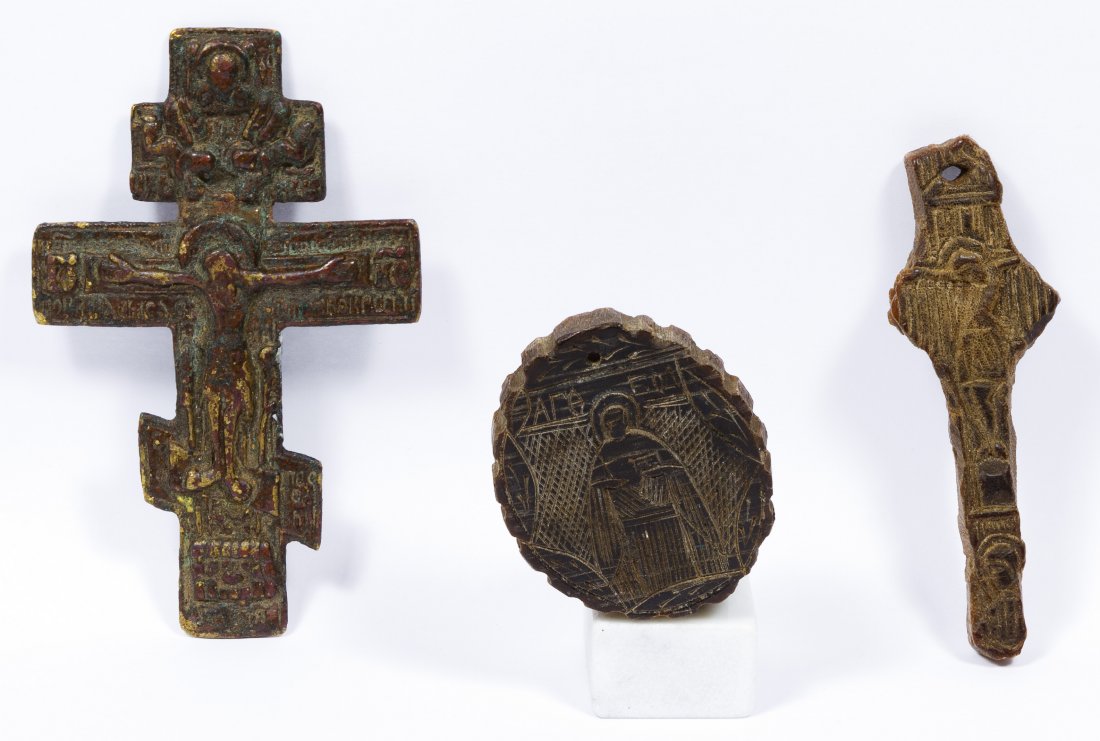 Byzantine Christian Cross and Amulet Assortment: Byzantine Christian Cross and Amulet Assortment Three items including a carved bone amulet with an image of Mary and baby Jesus on one side, a wooden cross fragment and a painted metal cross of Christ