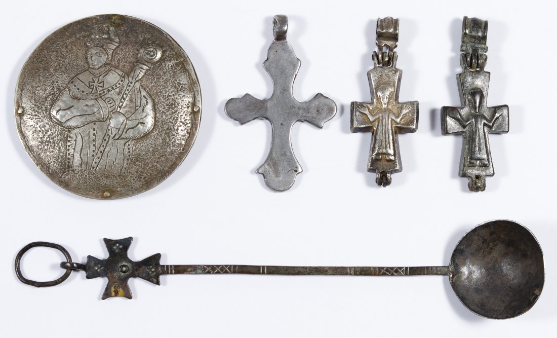 Byzantine Silver and Bronze Cross Assortment: Byzantine Silver and Bronze Cross Assortment Including a silver cross with lobed ends, a silver reliquary cross with robed figures, a silverplate round amulet, a silvered bronze liturgical spoon and a