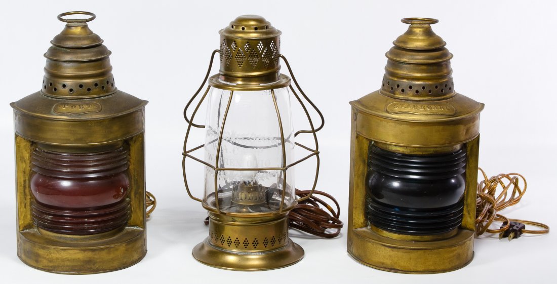 Electrified Brass Ship Lanterns: Electrified Brass Ship Lanterns Three items including a blue glass Starboard lantern, a red glass Port lantern and a lantern with clear glass shade engraved with Warren Ohio Height: 13.00 inches (tall