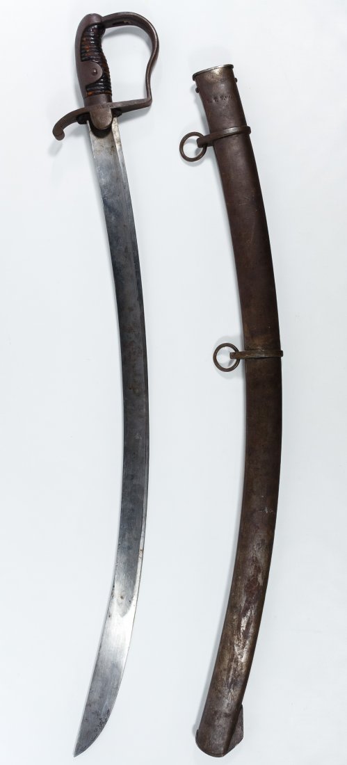 Curved Cutlass and Scabbard: Curved Cutlass and Scabbard Sword marked '340', leather wrapped handle with the metal section marked 'IM XVII 1 37' and scabbard marked 'BTN 110' and '423 M' near the hanger ring Length: 38.00 inches