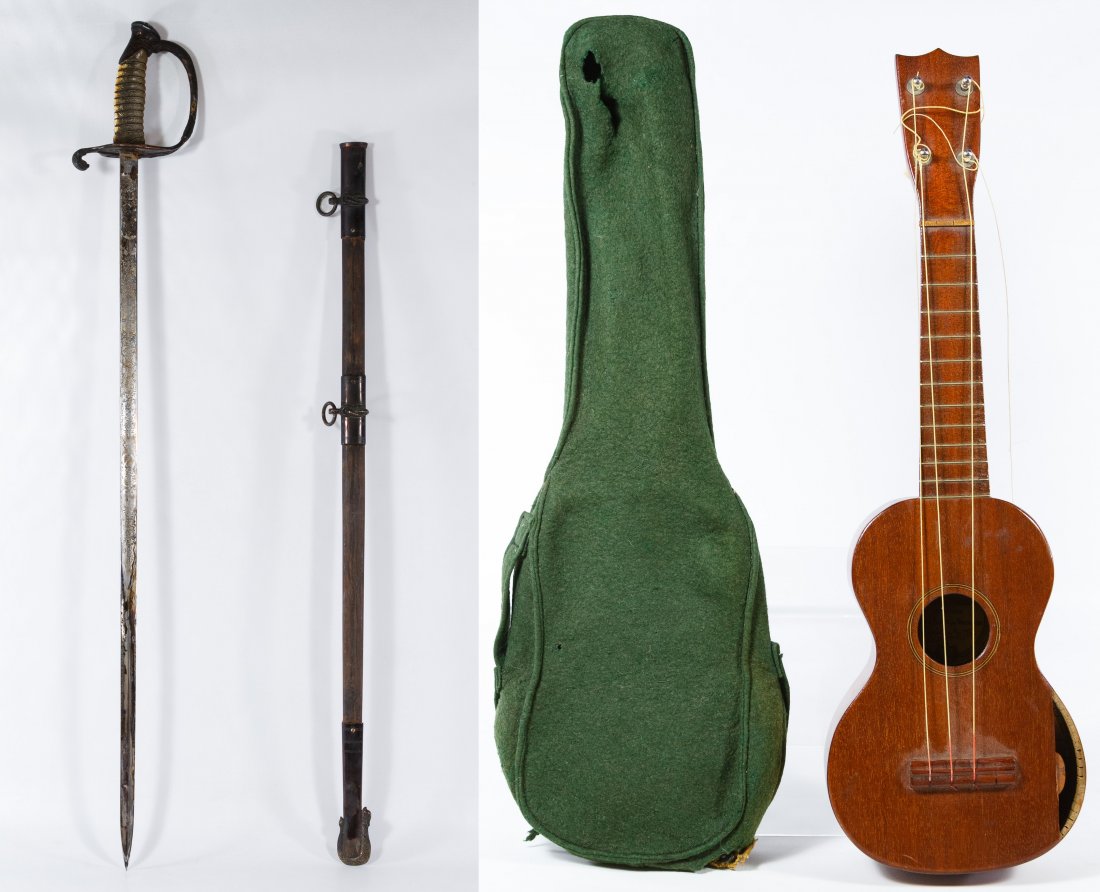 Korean War Era US Naval Dress Sword and Scabbard: Korean War Era US Naval Dress Sword and Scabbard Produced by Miyazima in Japan, marked U.S.N. on the blade; together with a Ukulele O Hawaii by Kaholas and Co., Length: 35.00 inches (includes scabbard