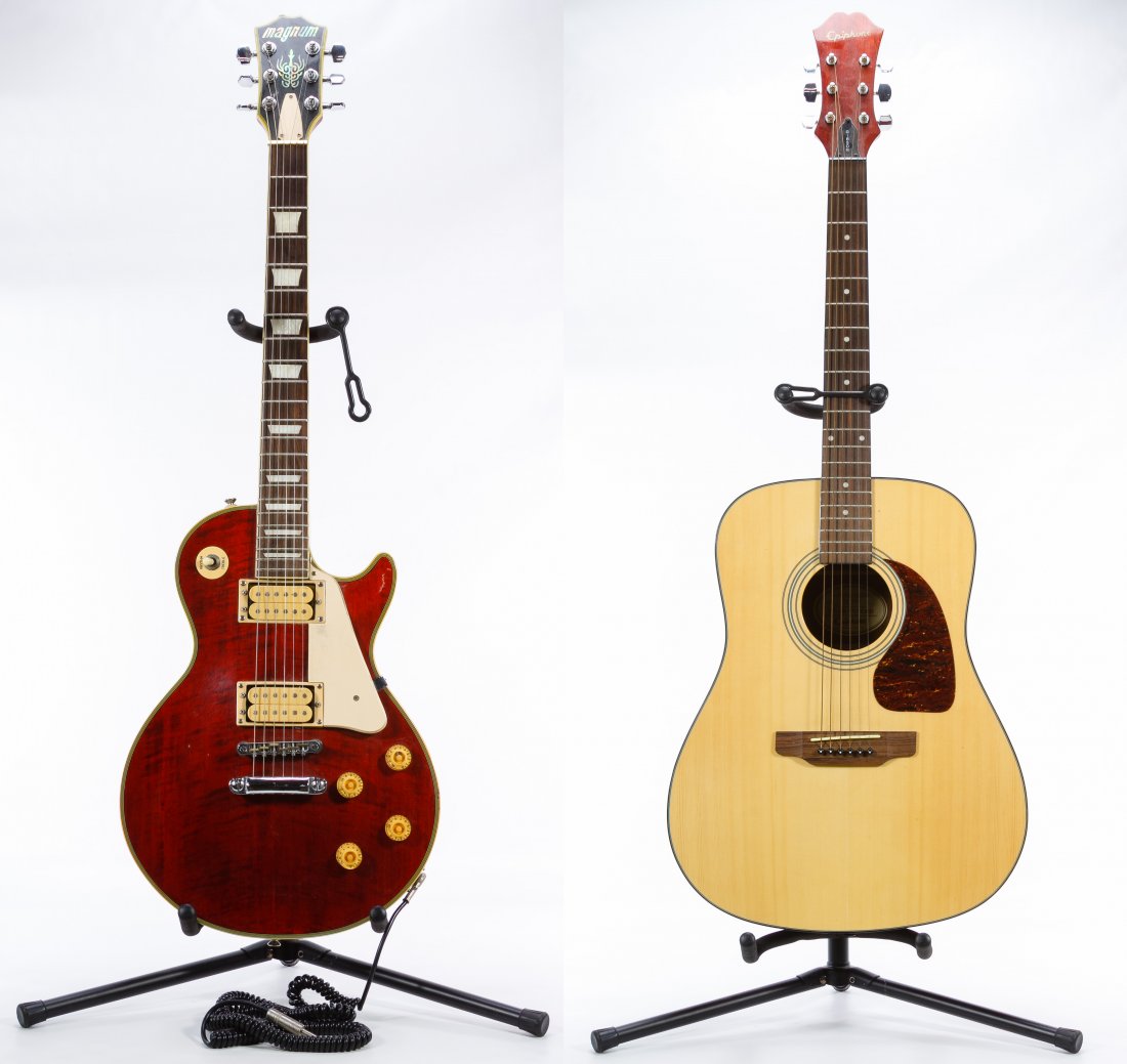 Acoustic and Electric Guitars: Acoustic and Electric Guitars Two items including an Epiphone acoustic guitar model # PR-150NA and a Magnum electric guitar with case Length: 39.00 inches (electric guitar) Category: Musical Instrumen