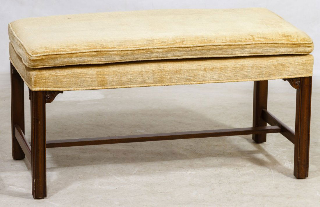 Upholstered Mahogany Bench by Kittenger: Upholstered Mahogany Bench by Kittenger Having wooden legs and stretcher with upholstered top and cushion Height: 19.00 inches, Width: 36.00 inches, Depth: 19.00 inches Category: Furniture > American