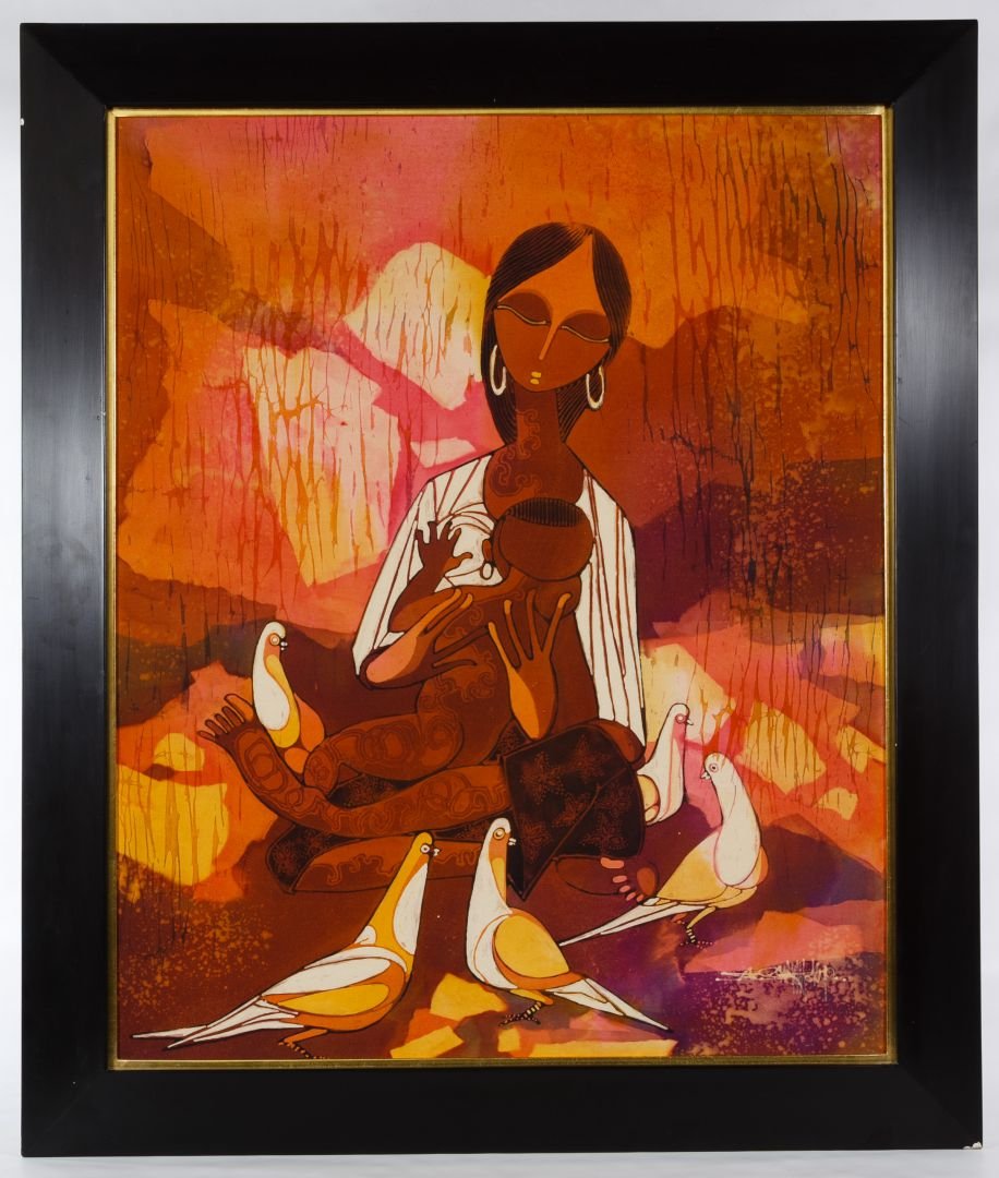African School (20th Century) Batik Painting on Silk: African School (20th Century) Batik Painting on Silk c.1970, illegibly signed lower right, depicting a mother feeding a child; having a Kato Tokyo framer's sticker en verso Height: 25.00 inches, Width
