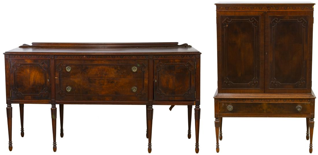 Mahogany Buffet and China Cabinet: Mahogany Buffet and China Cabinet Buffet having end doors with two center drawers, cabinet having double wooden doors over one drawer Height: 40.00 inches, Width: 72.00 inches, Depth: 22.00 inches Cat