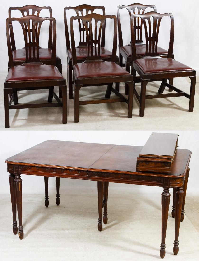 Mahogany Dining Table and Chairs by Boaler, Burchell &: Mahogany Dining Table and Chairs by Boaler, Burchell & Dillon Having an expandable double corner leg table with center support, three leaves and six chairs Height: 30.00 inches, Length: 64.00 inches,