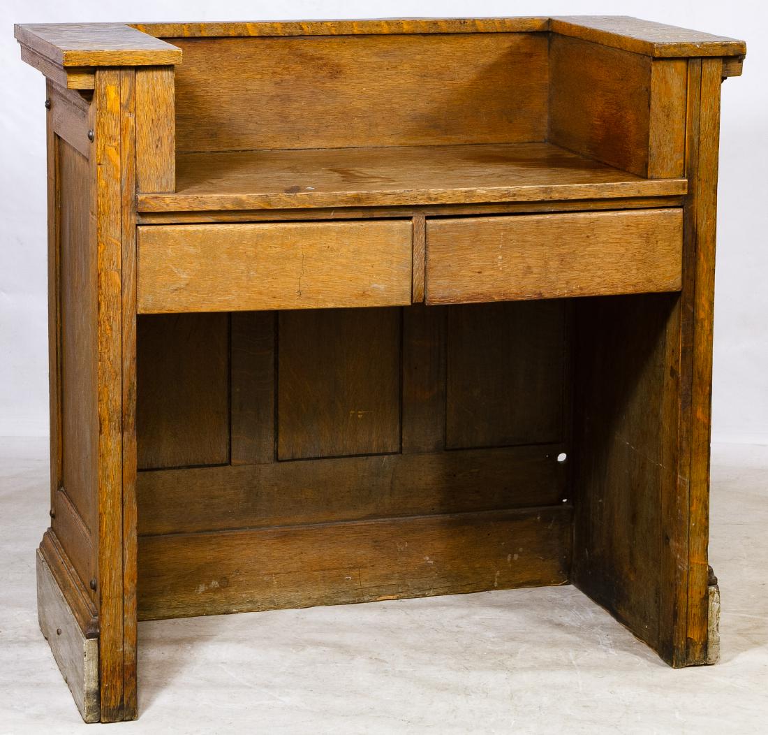 Oak Desk / Podium: Oak Desk / Podium Having a flat surface with high sides and two half drawers Height: 39.50 inches, Width: 42.00 inches, Depth: 19.00 inches Category: Furniture > American Shipping Status: Due to size,