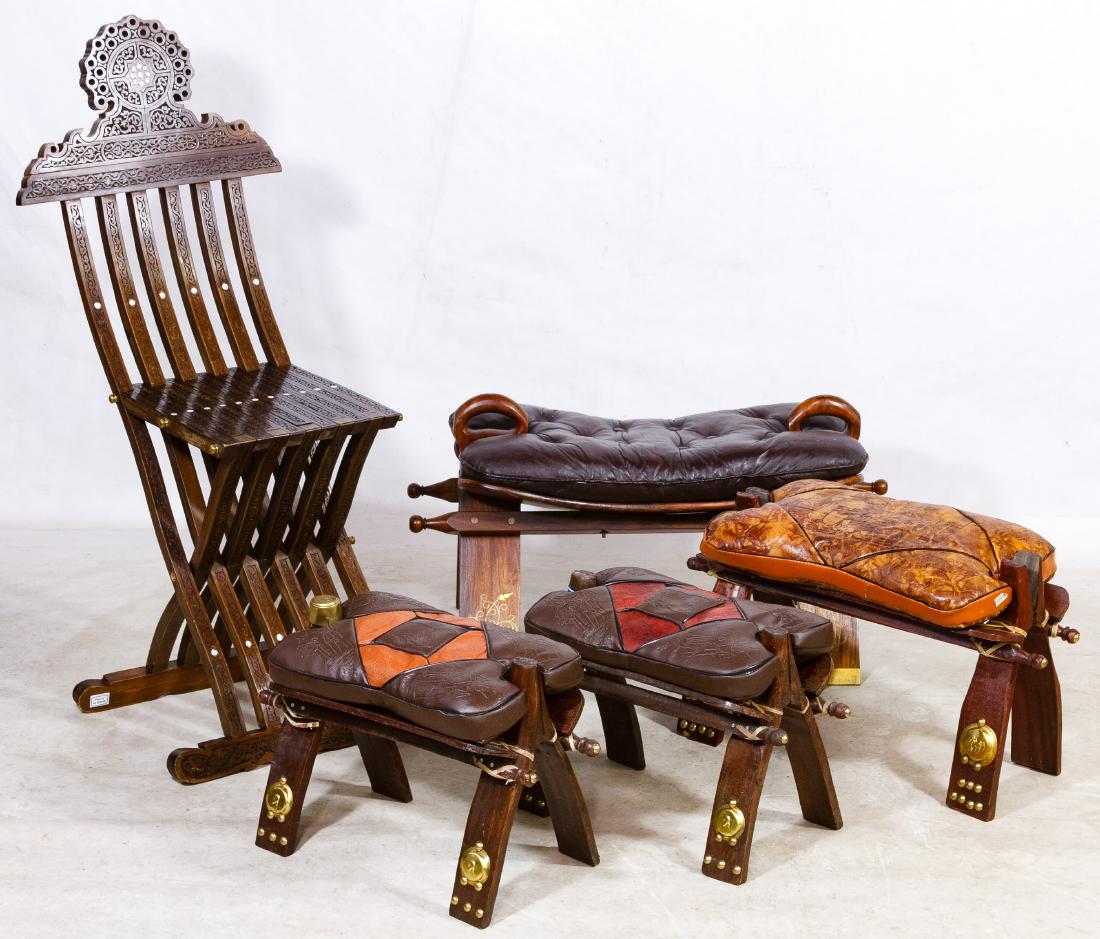 Syrian Chair and Egyptian Camel Seat Assortment: Syrian Chair and Egyptian Camel Seat Assortment Including a Syrian folding wood chair, three faux leather zippered camel seats stools made in Egypt; together with a black leather stool seat Height: 43
