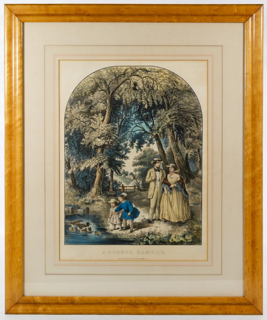 Currier and Ives 'Summer Ramble' Hand Tinted Lithograph: Currier and Ives 'Summer Ramble' Hand Tinted Lithograph Having multi-color tones, the 125 Nassau St address in center bottom, matted and with a bird's eye maple frame Height: 16.50 inches, Width: 12.0