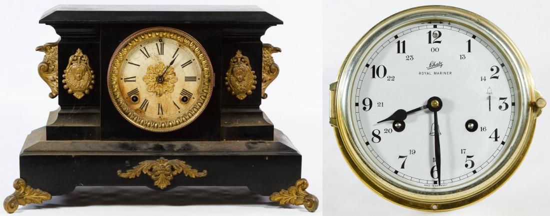Ansonia Clock Co. Metal Cased Mantel Clock: Ansonia Clock Co. Metal Cased Mantel Clock c.1905, exotic face having gilt accents and bird mounts; together with a Schatz 'Royal Mariner' clock having a brass and glass frame, marked 'Made in West Ge