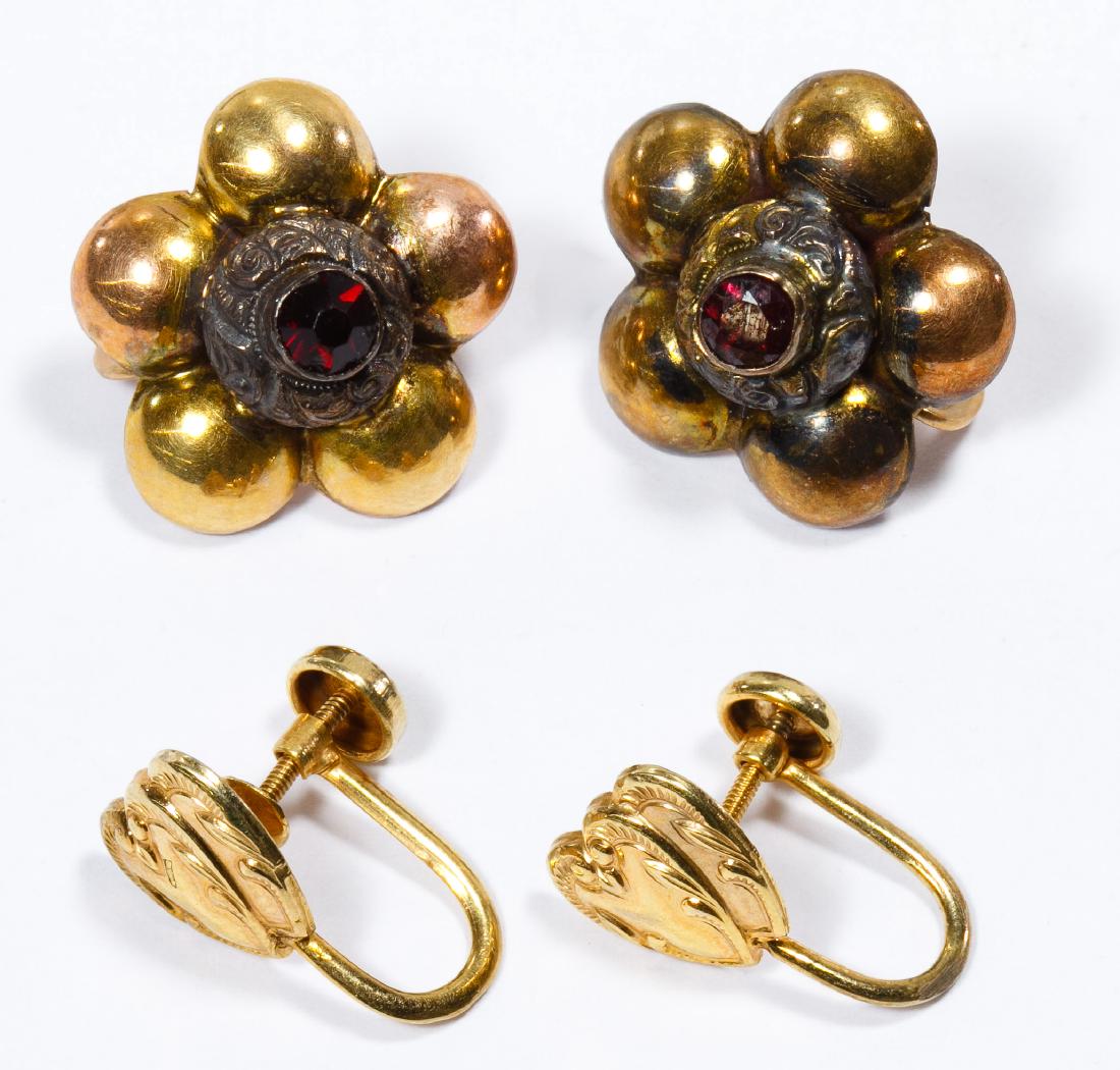 10k Gold Screw-back Earrings: 10k Gold Screw-back Earrings Two pair including a floral-shape having a round cut garnet and a double heart-shape; all marked '10k' on support by screw Width: 0.75 inches (garnet) Weight: 4.50 dwts. (
