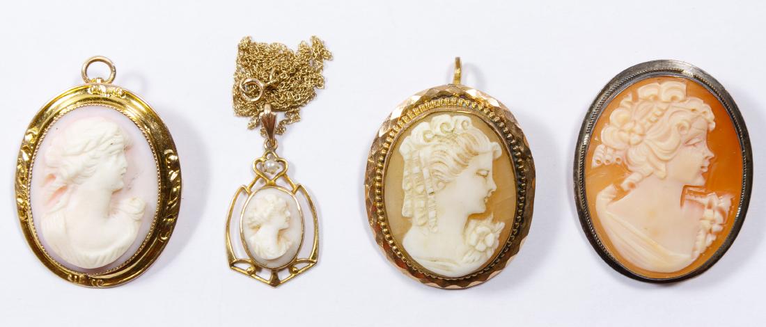 14k Gold, 10k Gold and Sterling Silver Framed Carved: 14k Gold, 10k Gold and Sterling Silver Framed Carved Shell Cameo Assortment 14k gold cameo pendant on a 10k gold necklace, 10k cameo by George L. Paine and Italian sterling silver cameo; all having st