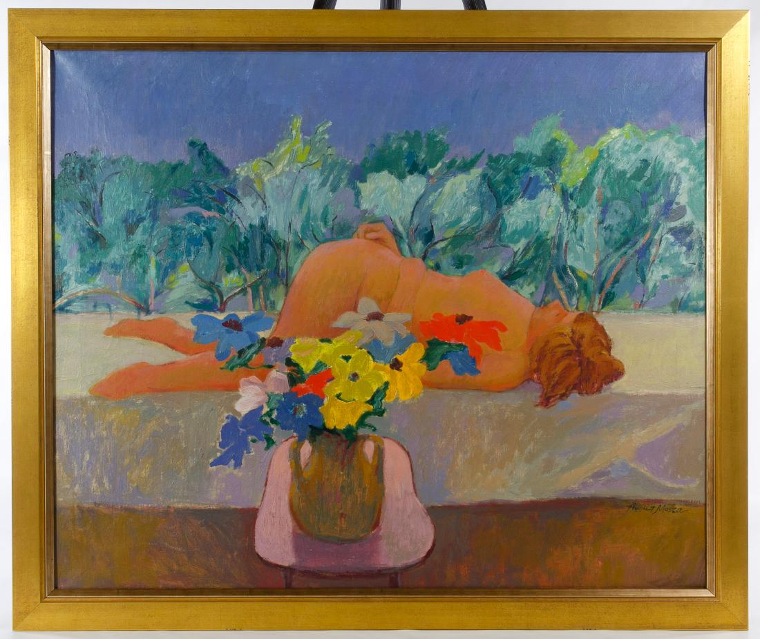 August Mosca (American, 1909-2002) 'Nude on a Ledge': August Mosca (American, 1909-2002) 'Nude on a Ledge' Oil on Canvas 1976, signed lower right, depicting a nude female with flowers Height: 25.50 inches, Width: 30.75 inches Frame Size: 28.00 inches by