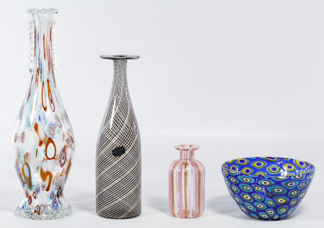 Italian Art Glass Assortment: Italian Art Glass Assortment Four items including three vases and a bowl, two of the vases having lines of gold, one vase having a Vetreria LA Fenice sticker, bowl is in the style of Barovier Height: 