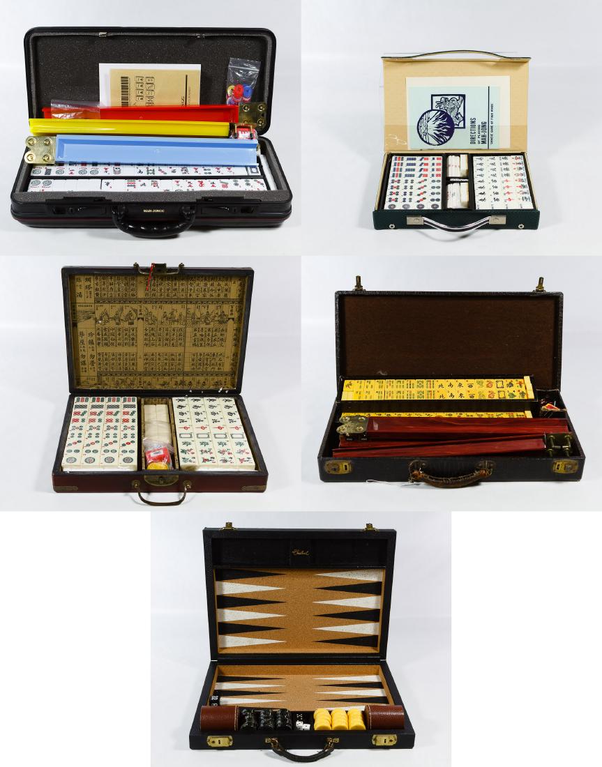 Mah Jongg and Backgammon Game Set Assortment: Mah Jongg and Backgammon Game Set Assortment Including four Mah Jongg sets with plastic tiles, game pieces, original cases and directions and a Crisloid backgammon set Length: 20.00 inches, Width: 9.0