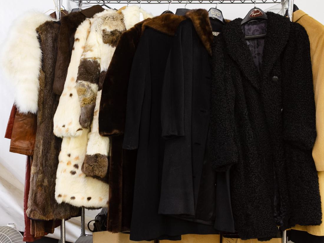 Fur and Wool Coat Assortment: Fur and Wool Coat Assortment Including six coats, a vest, a cape and a child's jacket with examples from the Levitt Shop, Wm. Y. Gilmore & Sons and Pumpkins and Monkeys Length: 42.00 inches, Width: 22