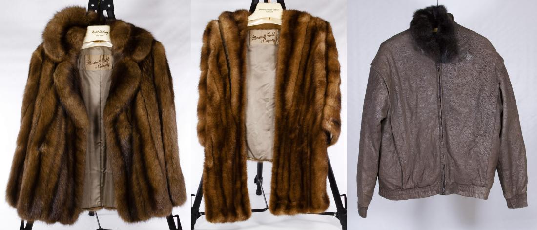 Mink Fur Stole and Car Coat: Mink Fur Stole and Car Coat Two furs having attached Marshall Field & Co. labels; together with an opossum fur lined leather coat having a 'David Ross' label on the lamb leather coat with removable fu