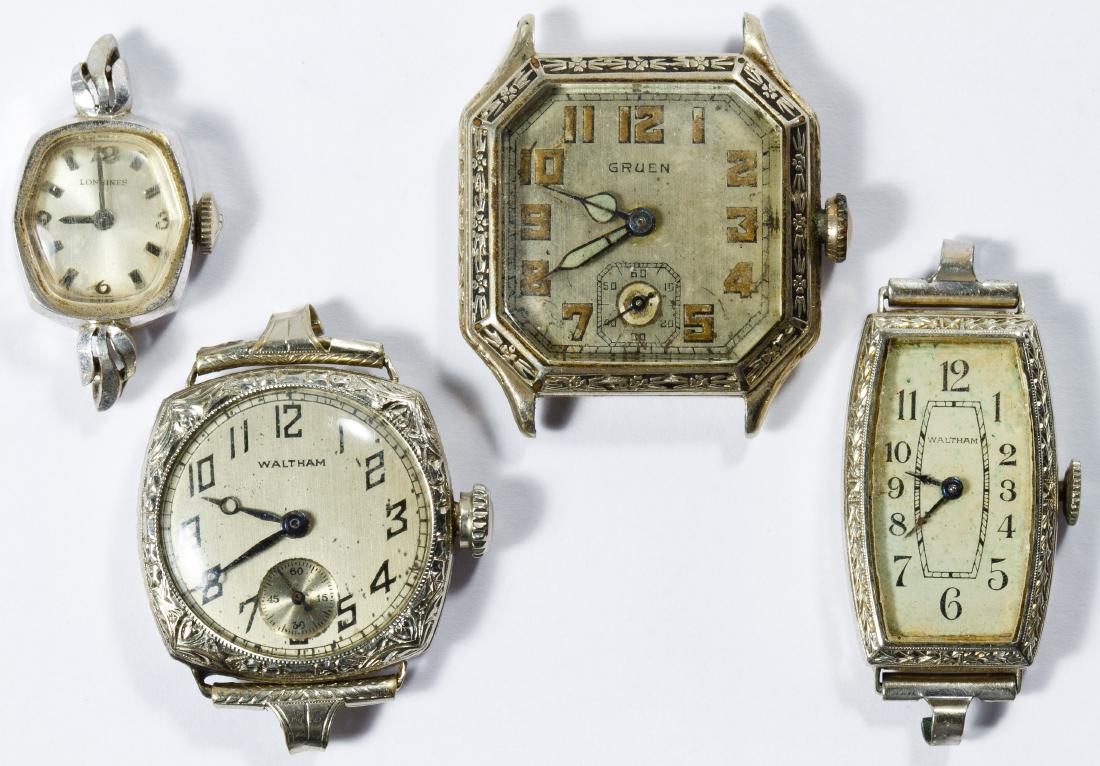 14k White Gold Case Wrist Watch Assortment: 14k White Gold Case Wrist Watch Assortment Four watches including Waltham, Gruen and Longines; marked '14k' on back or inside back cover Length: 1.25 inches (longest) Weight: 1.74 ozt. (total weight)