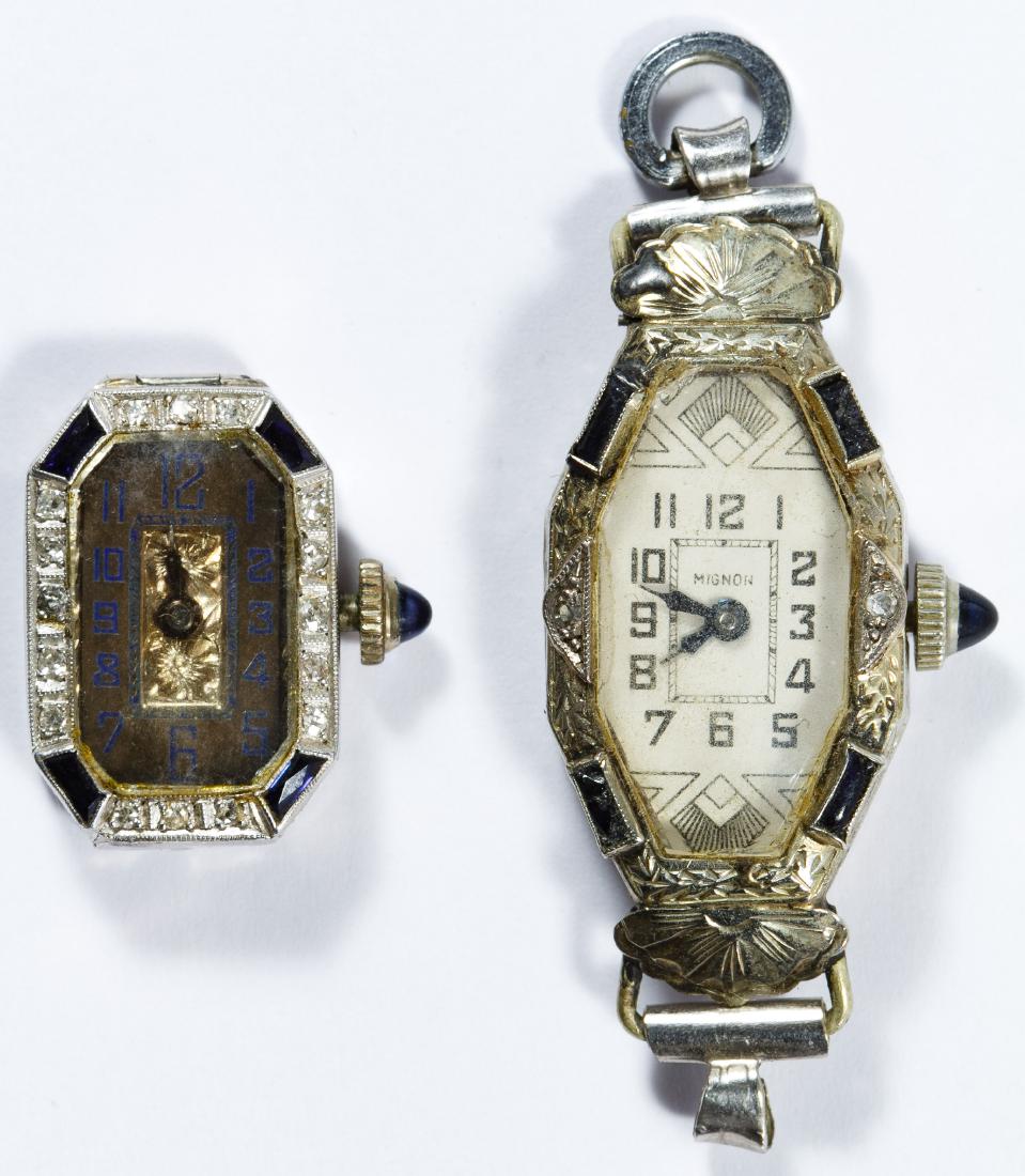 Platinum and 20k Gold Wrist Watches: Platinum and 20k Gold Wrist Watches Including a Helbros sixteen jewel Swiss movement in a platinum case adorned with diamond chips and blue spinels and a Fortis seventeen jewel Swiss movement in a pla