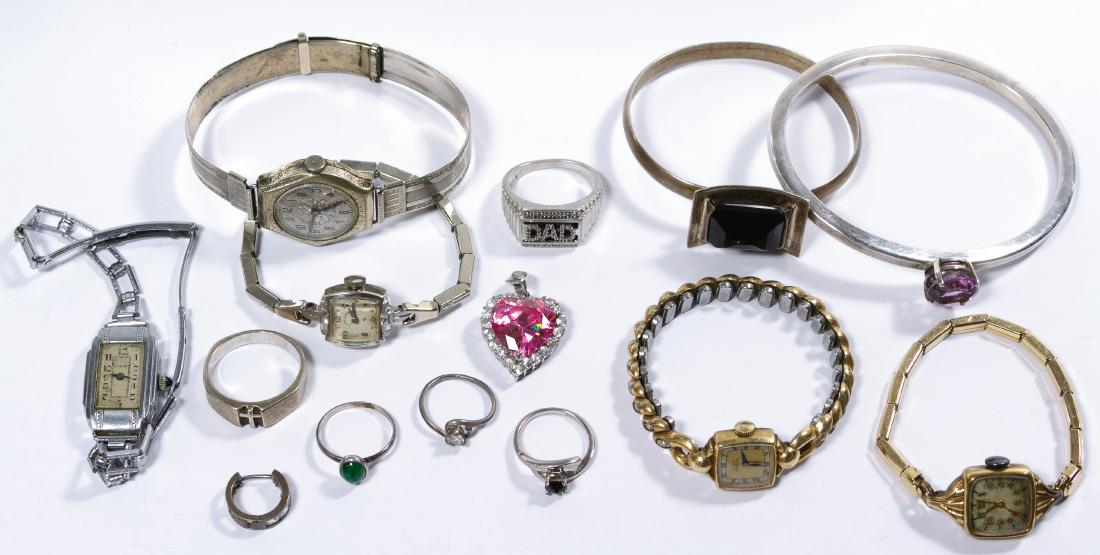 14k Gold Filled Wrist Watch and Sterling Silver Jewelry: 14k Gold Filled Wrist Watch and Sterling Silver Jewelry Assortment Including two bracelets, four rings, a pendant and a single earring, all marked 'sterling' or '925' and four '14k gold filled' marked