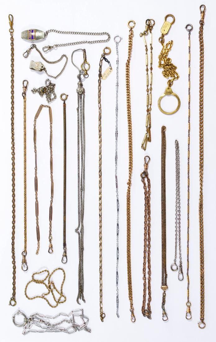 Pocket Watch Chain Assortment: Pocket Watch Chain Assortment Twenty items including one with chatelaine form and another with an enamel 'American Association of Engineers' slide Length: 18.00 inches (longest) Category: Watches > Mi