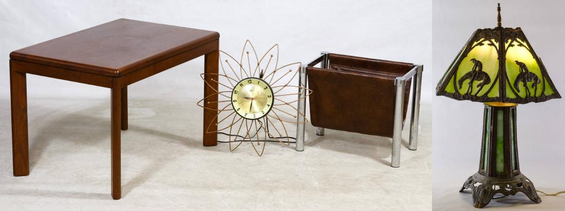 Mid-Century Modern Style Teak Table by Steelcase: Mid-Century Modern Style Teak Table by Steelcase c.1987, having the label on the underside with model #3020204; together with a chrome and faux leather magazine rack, metal wall clock by Lux and a sla