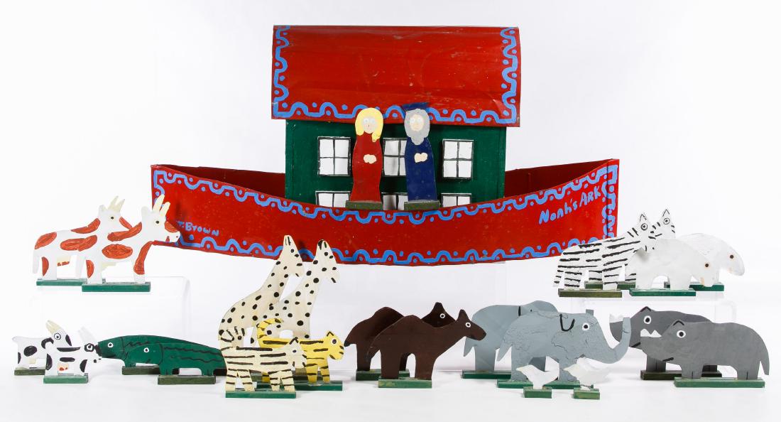 Tubby Brown (20th Century) 'Noah's Ark' Painted Wood: Tubby Brown (20th Century) 'Noah's Ark' Painted Wood and Metal Undated, signed on the boat's side, having a variety of wild and farm animals, Noah and his wife Height: 13.00 inches, Width: 26.00 inche