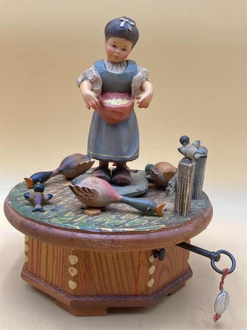 ANRI Thorens Never On A Sunday Music Box: Vintage ANRI Thorens wooden "Never on a Sunday" music box. Features moving child and ducks as music plays. Movement and music tested in working condition and music box is in good physical condition.