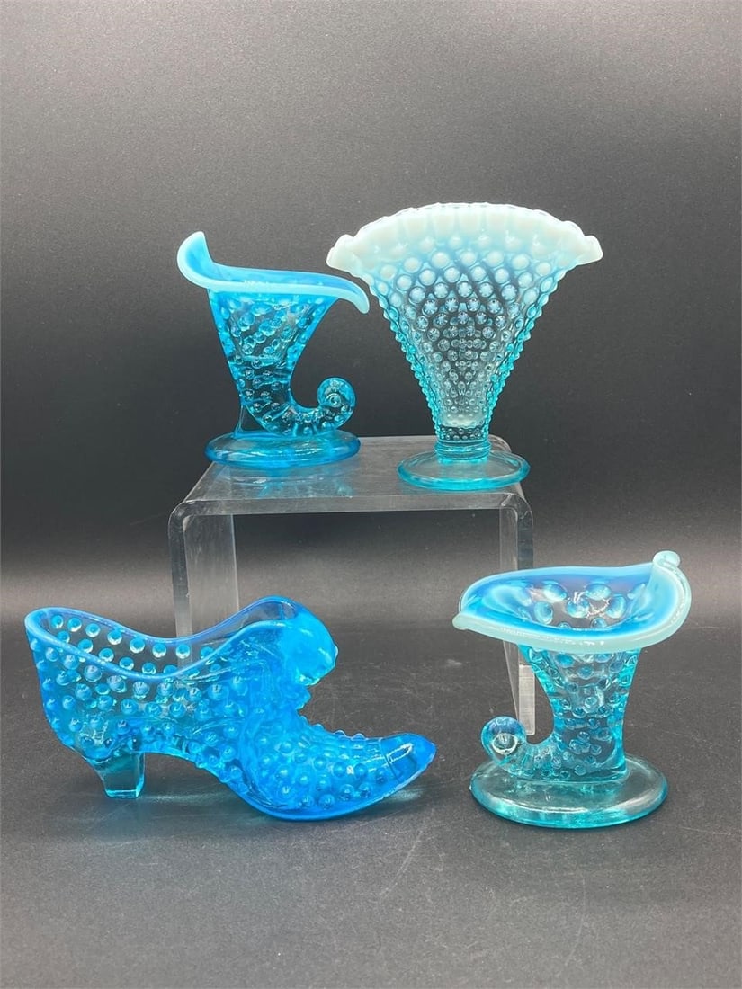 Fenton Glass Opalescent Aqua Hobnail Shoes (1 of 8)
