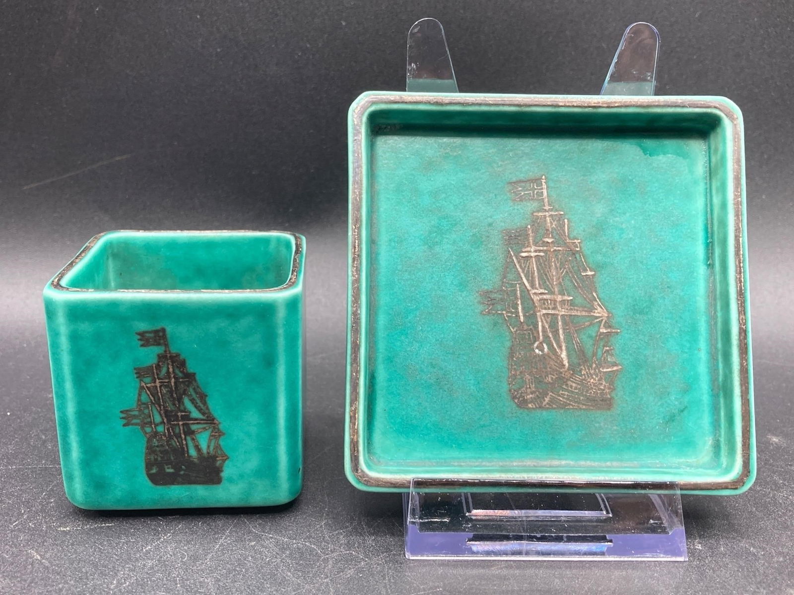 Gustavberg Argenta Mini Vase & Coaster: Gustavberg of Sweden miniature pot and coaster featuring antique sail ship designs on green glaze. Items are in good condition.