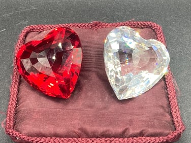 Two Swarovski Red & Clear Crystal Hearts