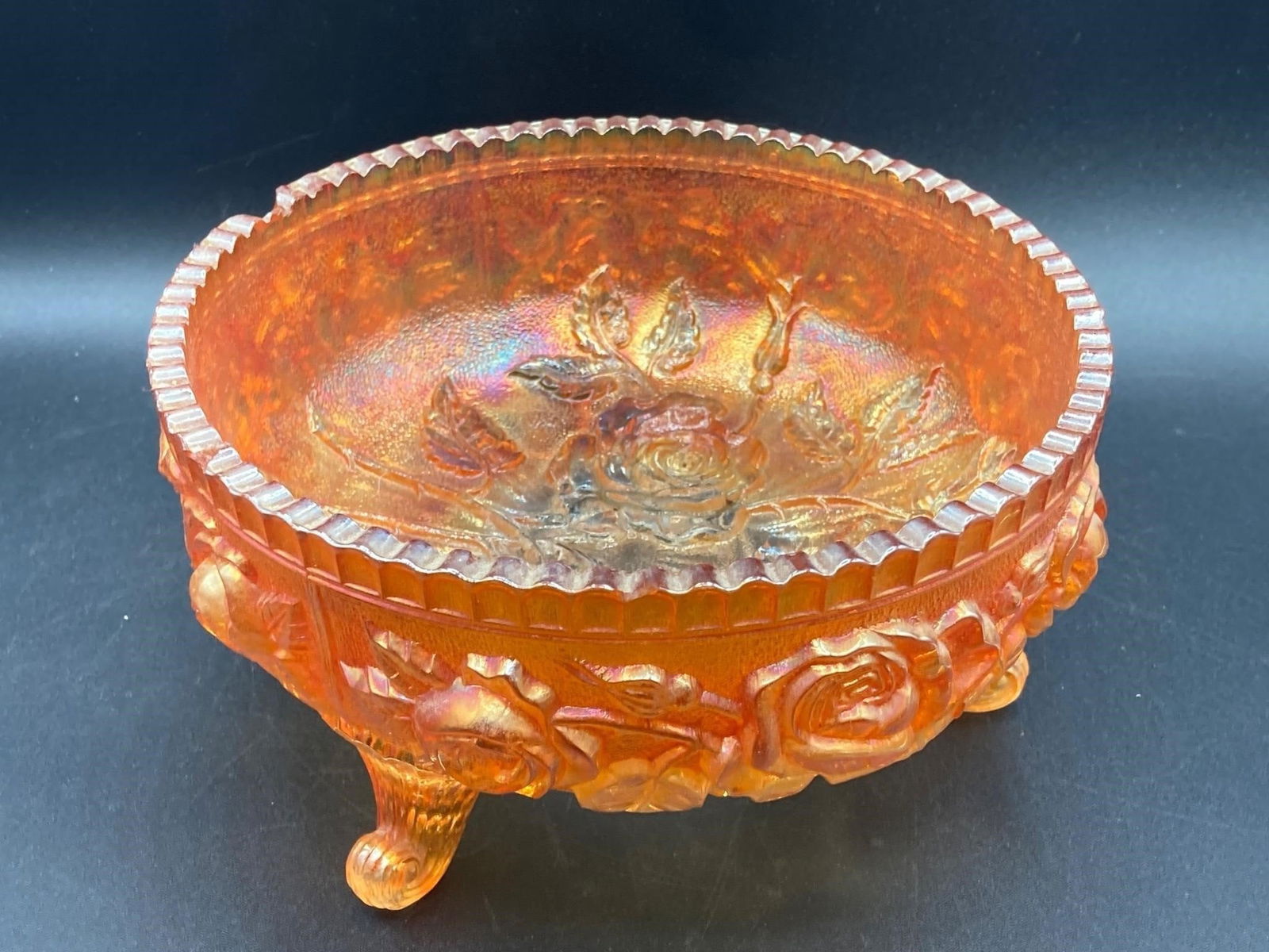 Carnival Glass Marigold Lustre Rose Footed Bowl (1 of 7)