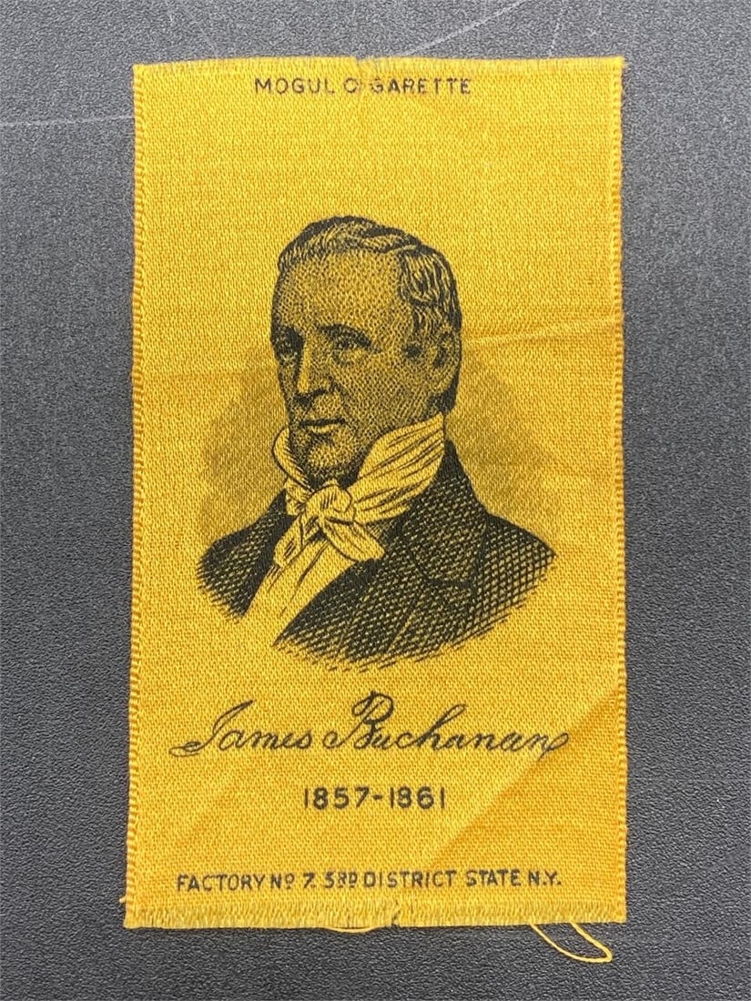 Mogul Cigarette Gold Janes Buchanan Silk: Antique 1910s Mogul Cigarette gold James Buchanan silk with protective paper sleeve. Presidential silks feature portrait center with dates of presidency. Some creases, otherwise silk is in good condit