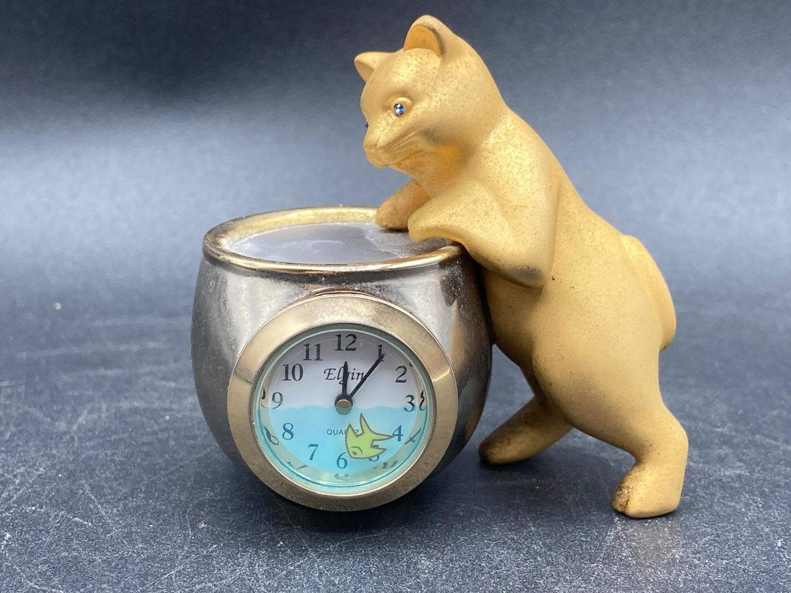 Vintage Elgin Brass Cat & Fish Bowl Clock (1 of 6)