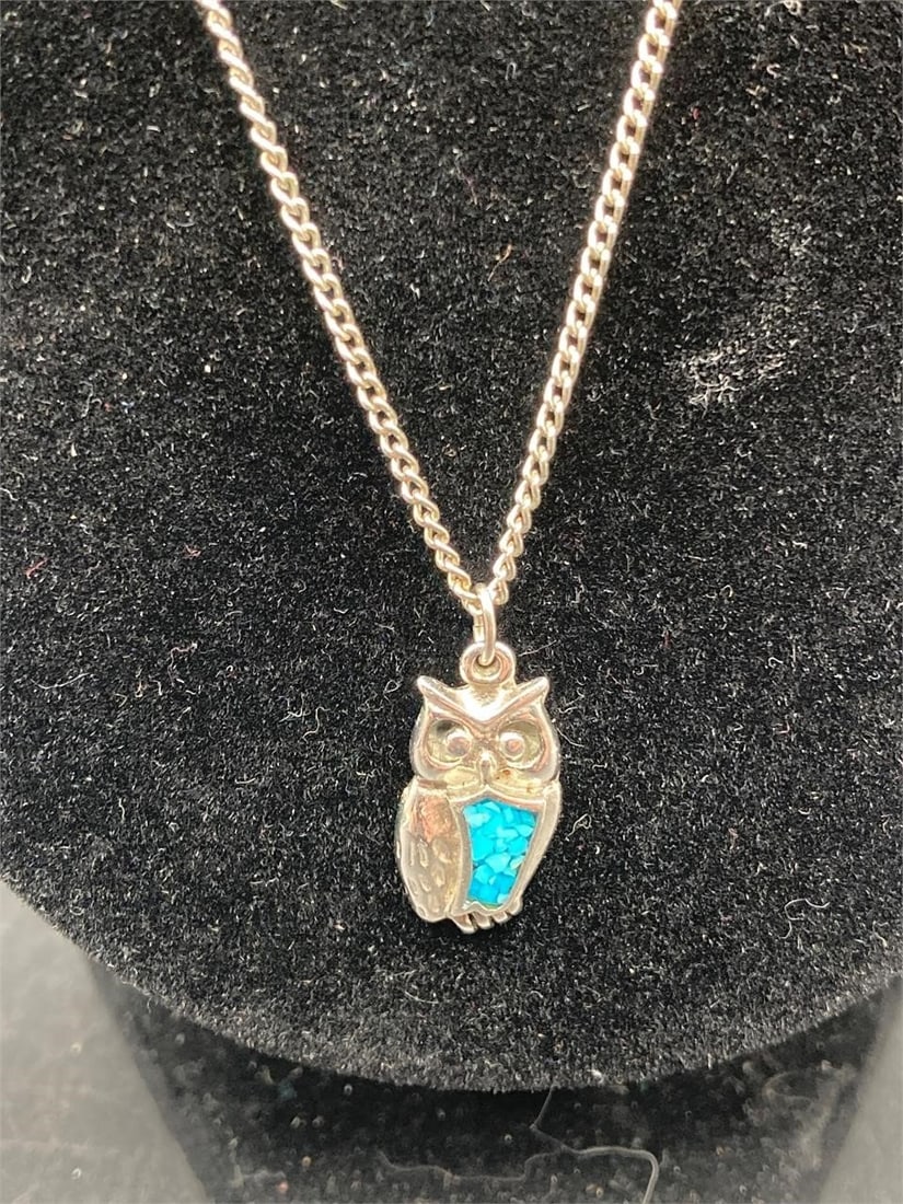 Silver Tone Turquoise Owl Necklace (1 of 5)