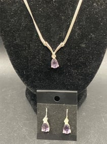 Avon Silver Tone Purple Stone Necklace & Earrings