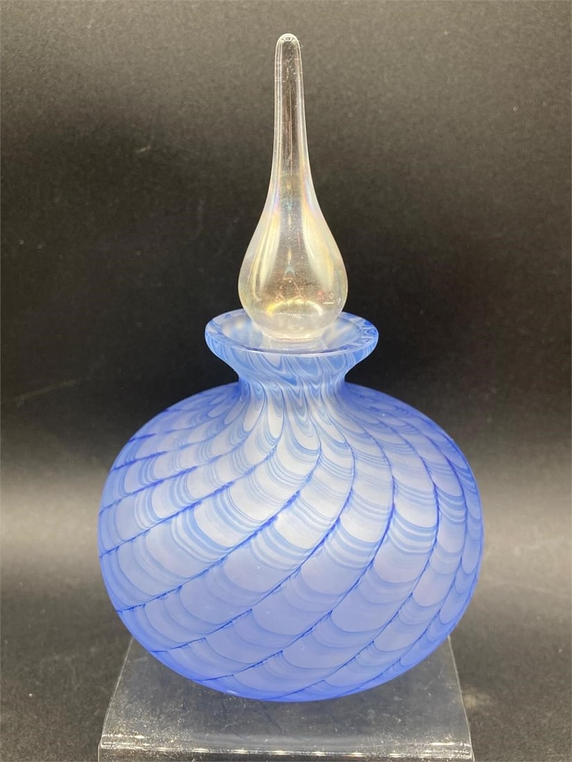 Studio Art Glass bulbous blue perfume bottle. Features frosted glass body with hand painted blue (1 of 7)