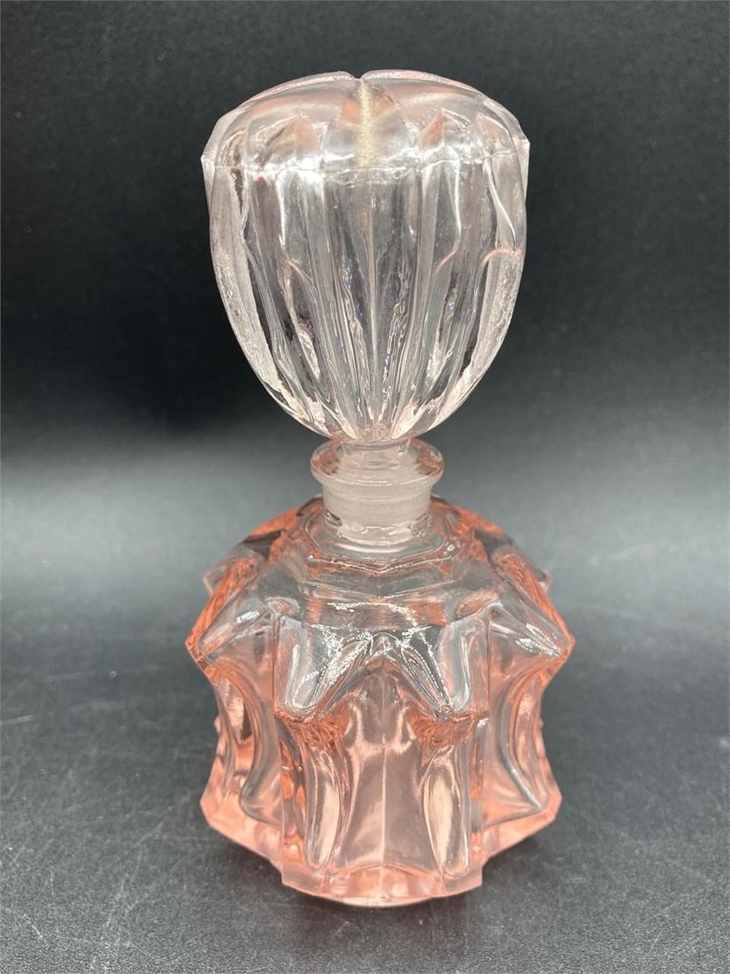 Vintage art deco pink glass perfume bottle. Features beautiful clear pink glass with cut column (1 of 5)