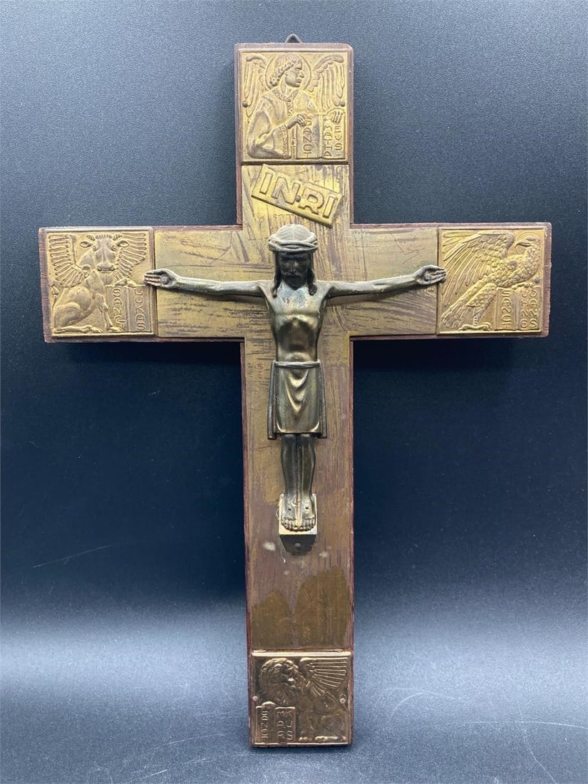 Vintage INRI Wood & Brass Cross (1 of 9)