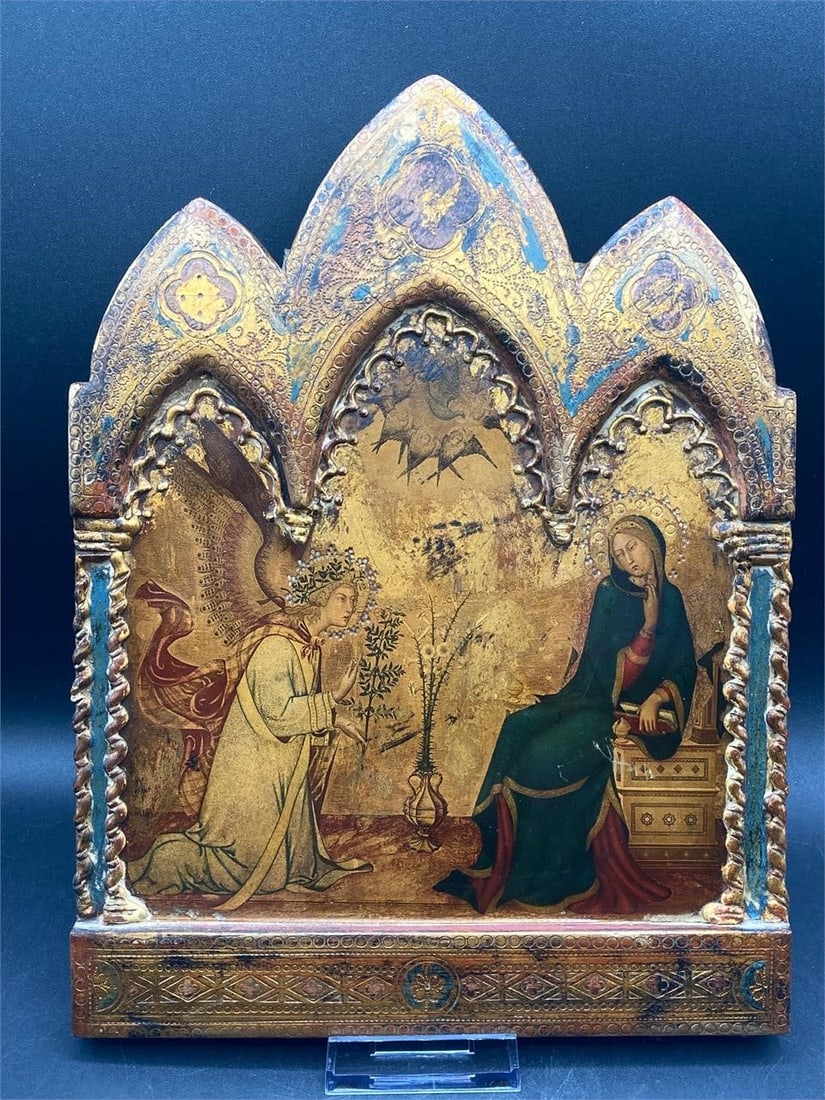 Simon Martini The Annunciation Plaque: Simon Martini "The Annunciation" wood plaque. Details the scene of the archangel Gabriel telling Mary she would bear the son of God. Hand carved wood plaque with gold colored cross detailing paint and
