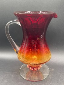 Hand Blown Amberina Crackle Glass Pitcher
